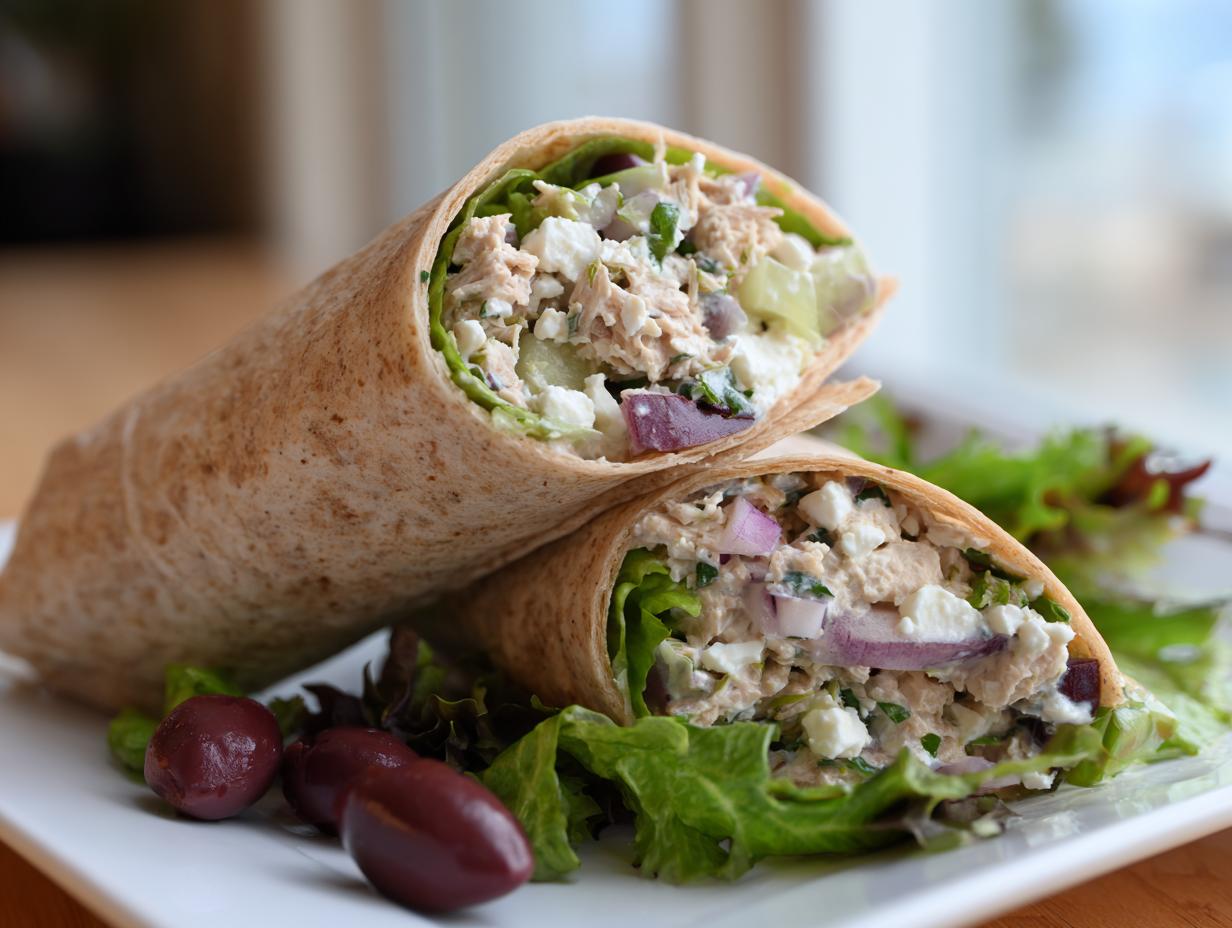 Close-up of a Mediterranean tuna salad wrap lunch cut in half with olives and lettuce on a plate.
