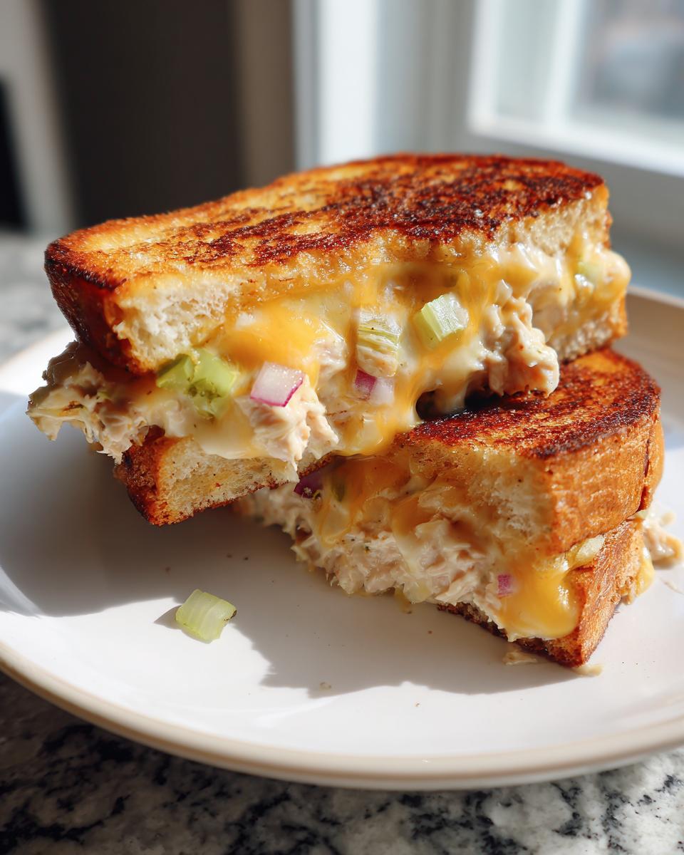 Close-up of a tuna melt sandwich with melted cheese, celery, and red onion on toasted bread.