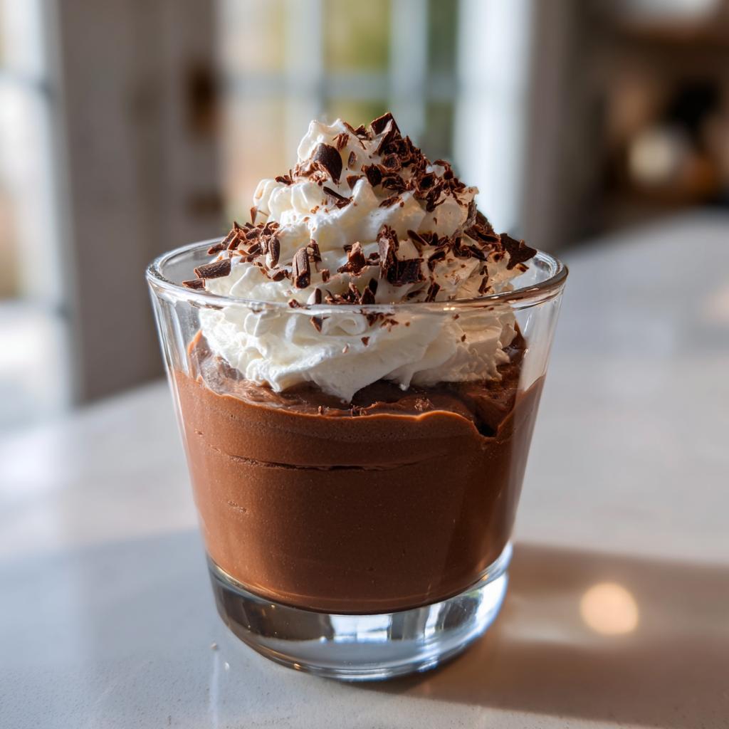 Glass of mini chocolate mousse cup topped with whipped cream and chocolate shavings