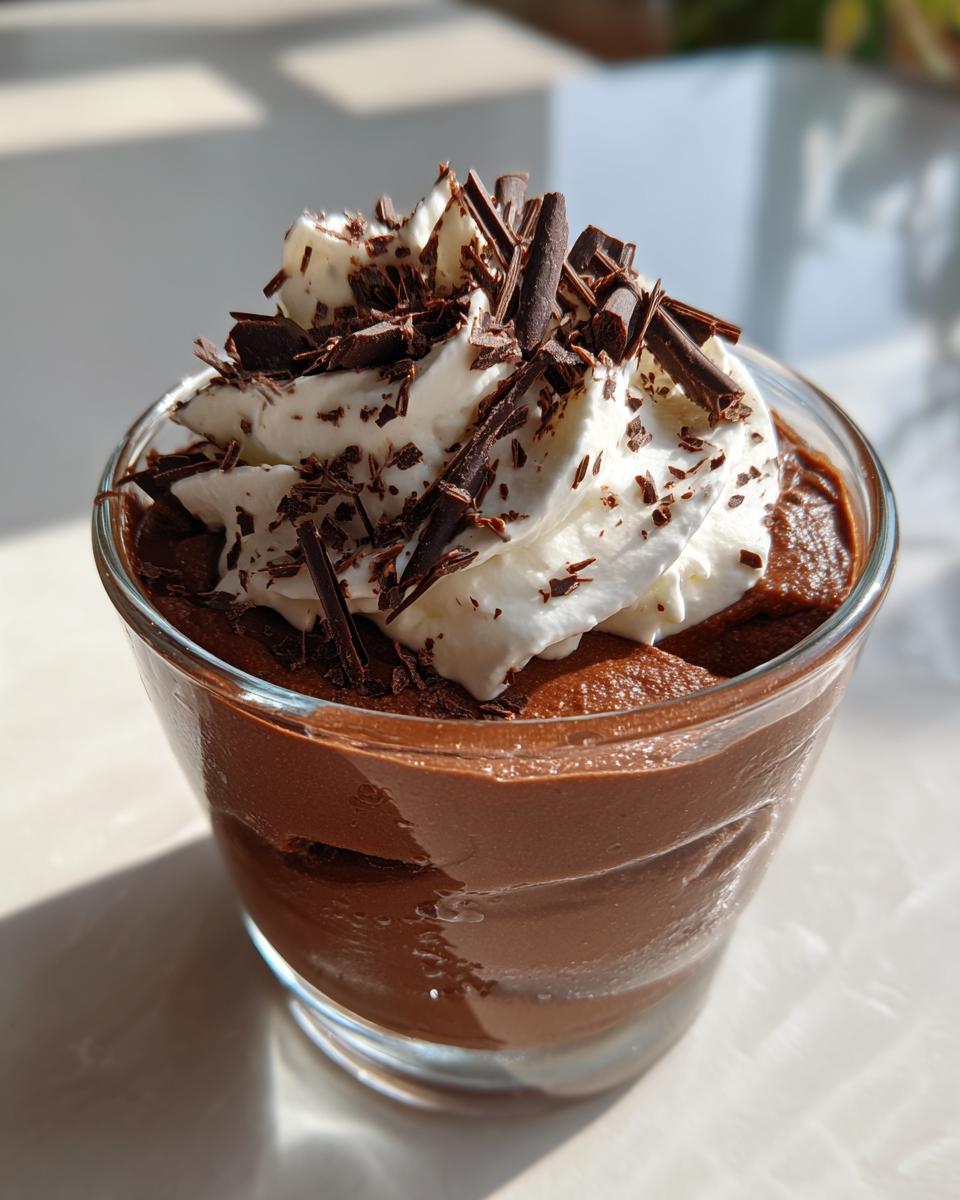 Mini chocolate mousse cups topped with whipped cream and chocolate shavings in a clear glass.