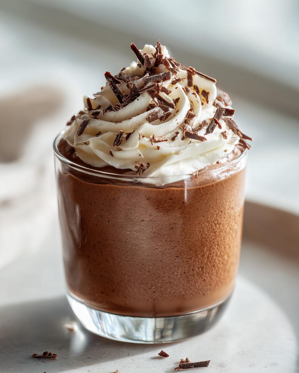 Mini chocolate mousse cup topped with whipped cream and chocolate shavings in a glass.