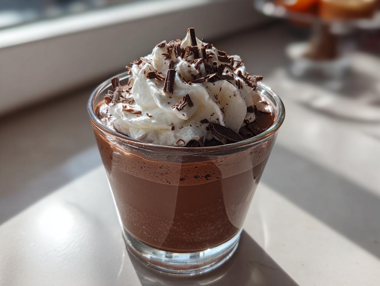 Mini chocolate mousse cup topped with whipped cream and chocolate shavings in a clear glass.