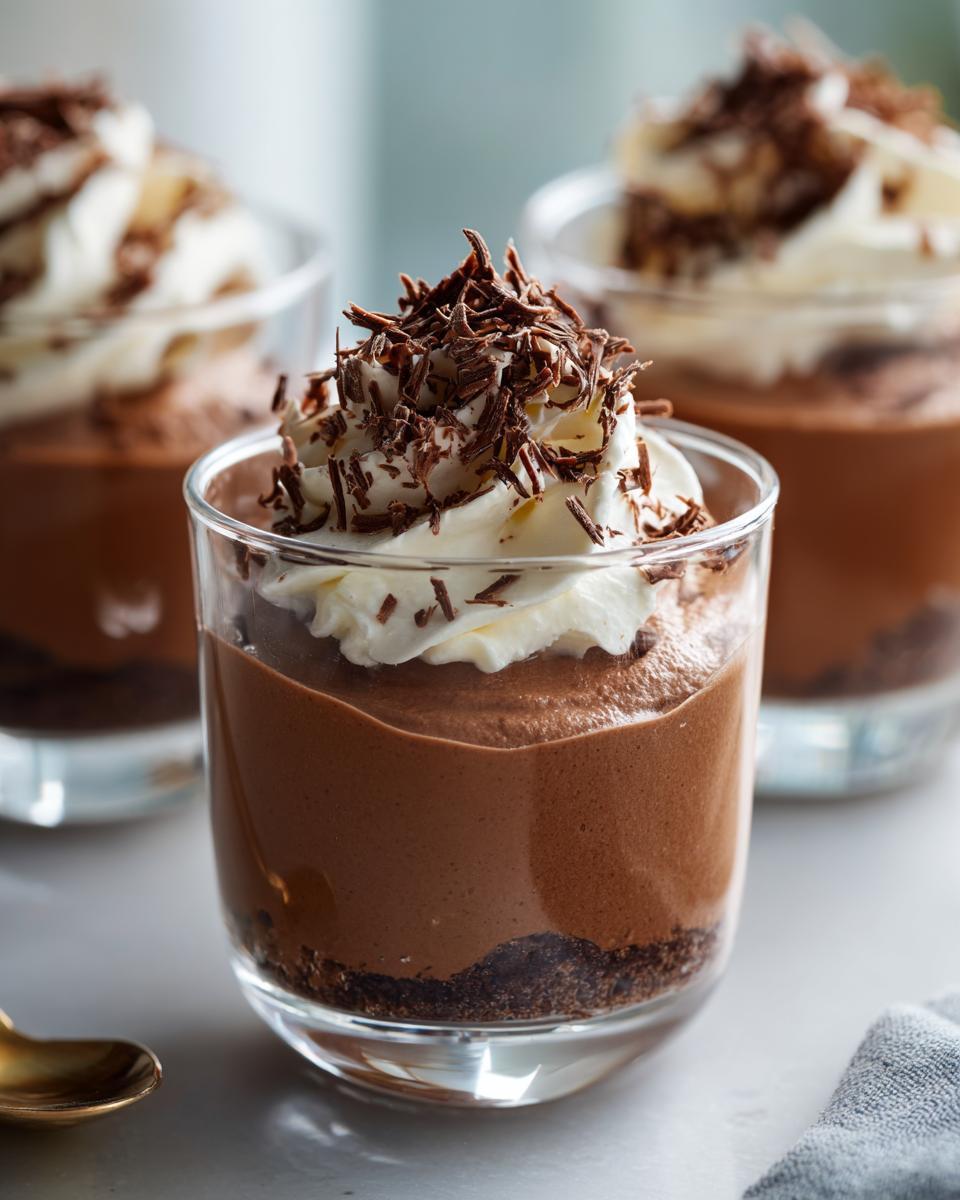 Close-up of mini chocolate mousse cups topped with whipped cream and chocolate shavings