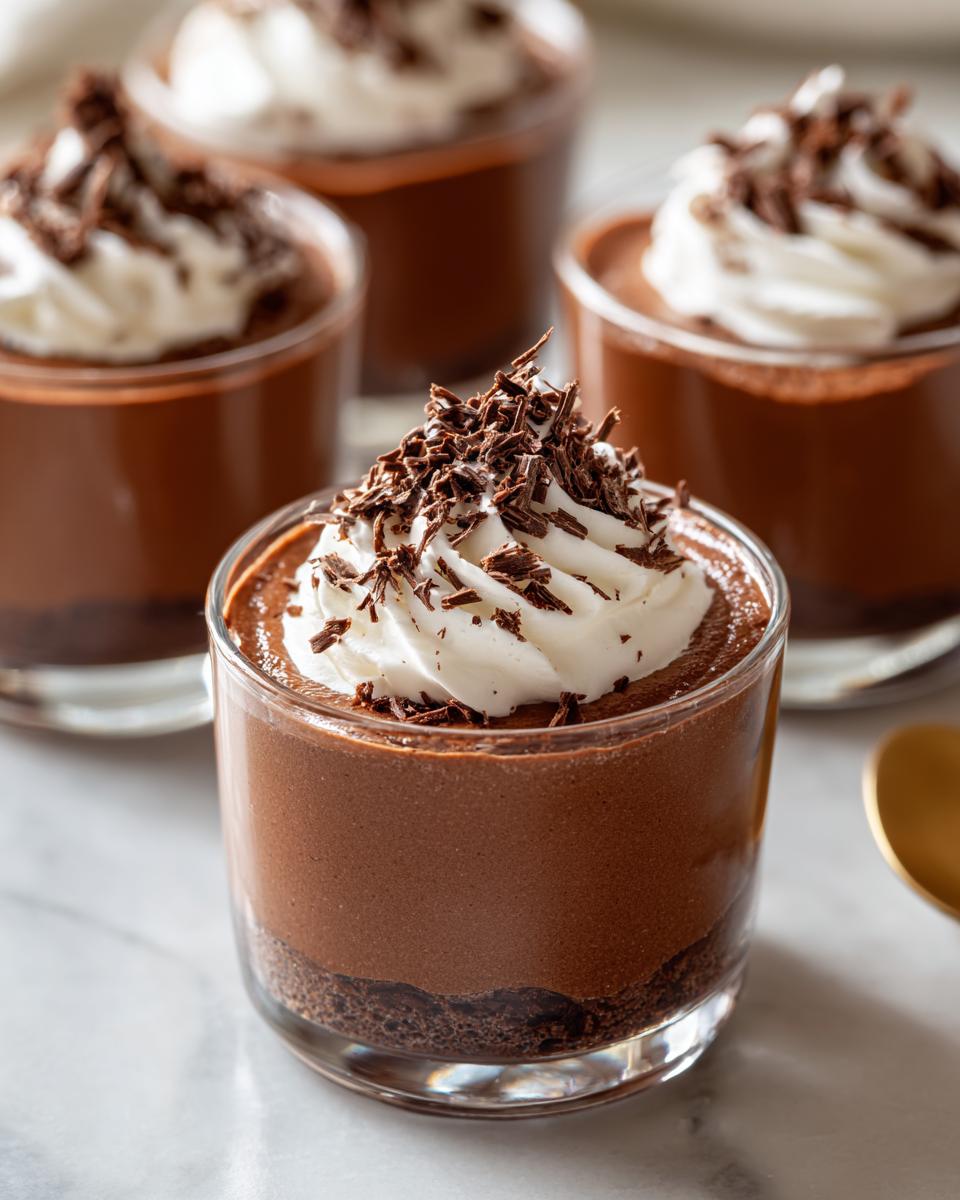 Close-up view of mini chocolate mousse cups topped with whipped cream and chocolate shavings in glass cups.