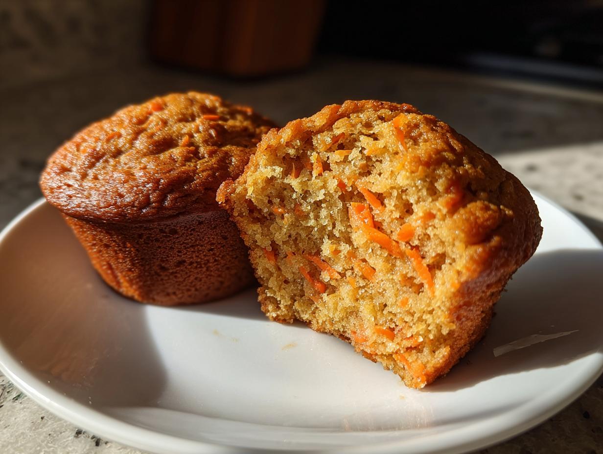 Two carrot cake muffins on a white plate, one whole and one cut open showing shredded carrots