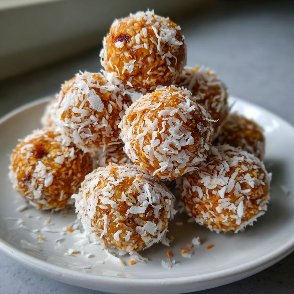 Plate with no bake coconut date energy balls dessert covered in shredded coconut.
