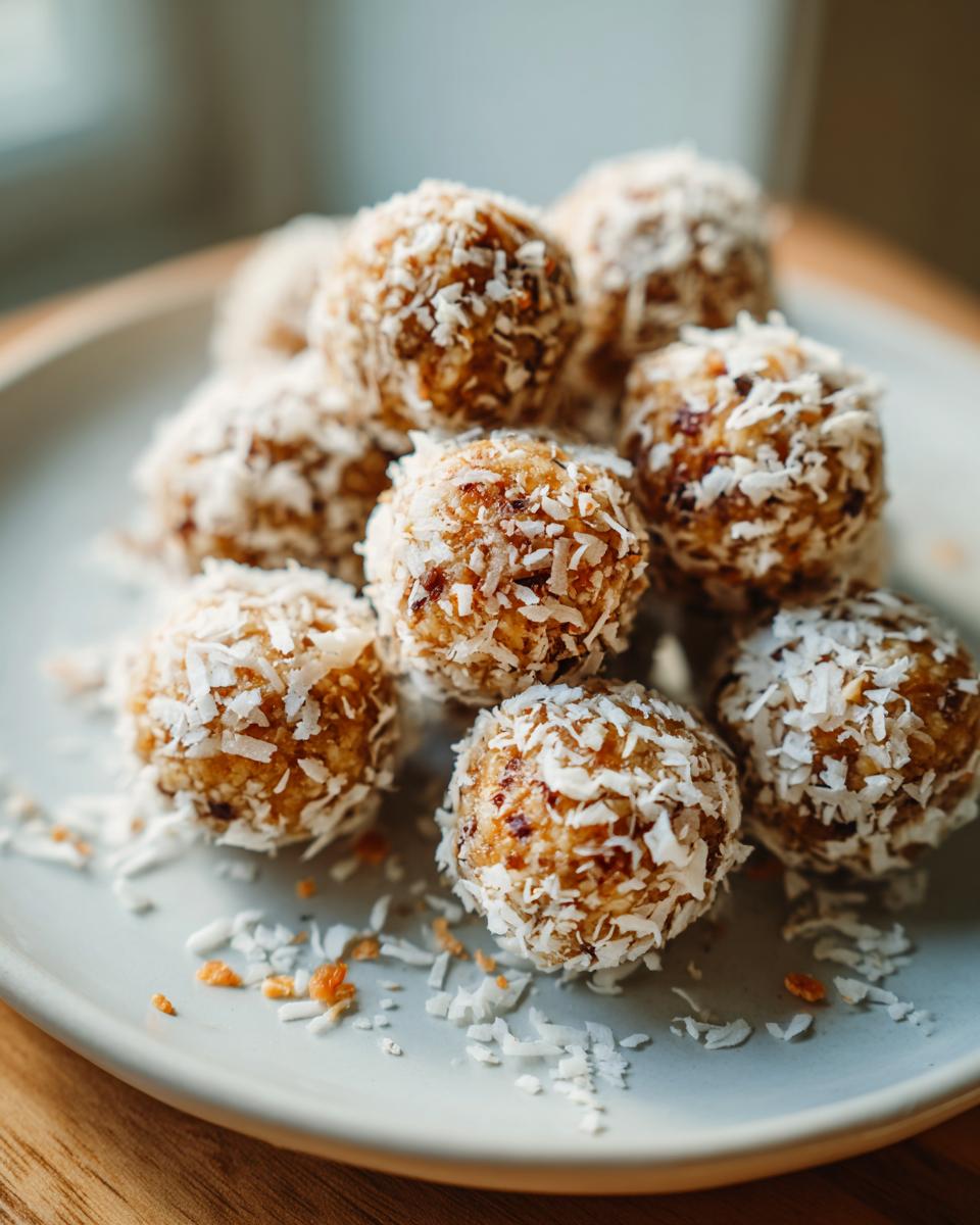 Close-up of no bake coconut date energy balls dessert sprinkled with shredded coconut on a light plate.