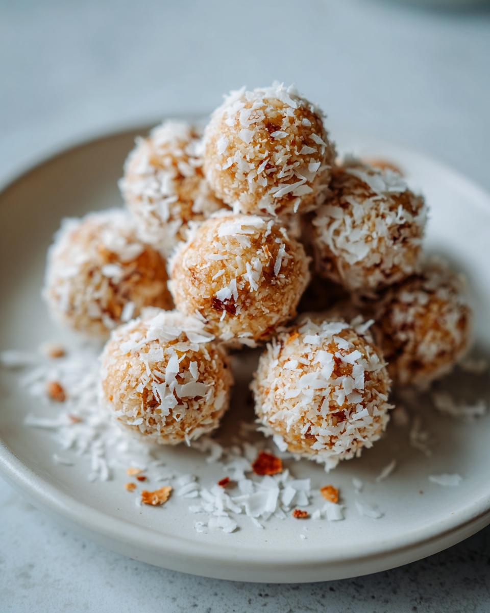 Close-up of no bake coconut date energy balls dessert coated with shredded coconut on a white plate.