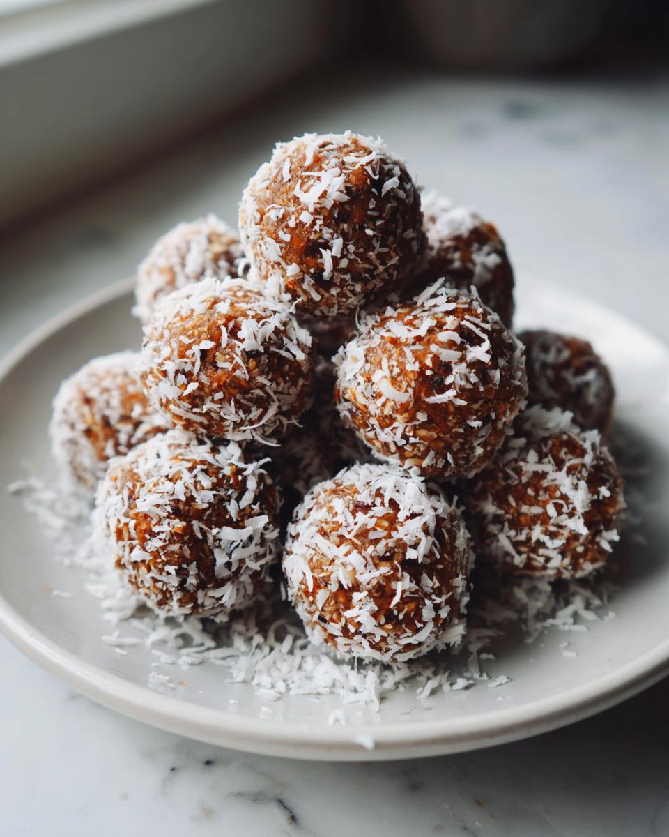 Plate of no bake coconut date energy balls dessert coated with shredded coconut