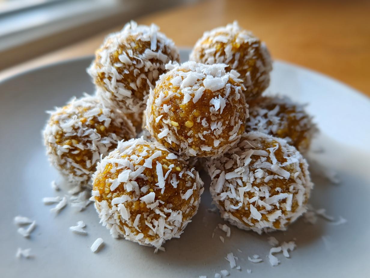 Close-up of no bake coconut date energy balls dessert coated with shredded coconut on white plate