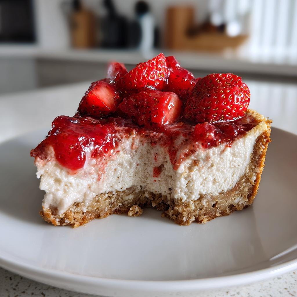 Close-up of a slice of no bake strawberry cheesecake topped with fresh strawberries on a white plate.