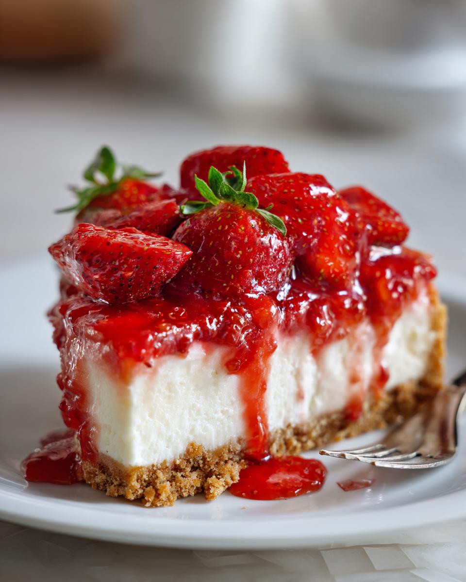 Slice of no bake strawberry cheesecake topped with strawberry glaze and fresh strawberries