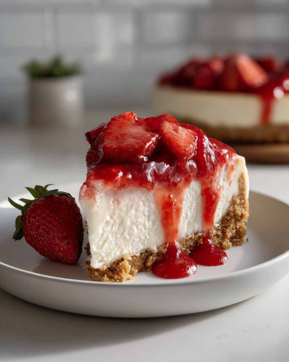 Close-up of a slice of no bake strawberry cheesecake topped with strawberry sauce and fresh strawberry on the side.