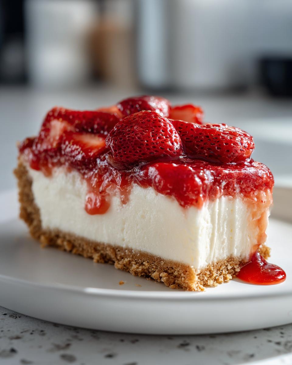 Close-up slice of no bake strawberry cheesecake topped with fresh strawberries and strawberry sauce