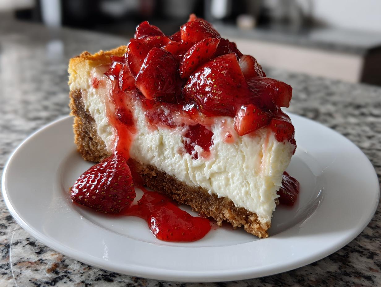 Close-up of a slice of no bake strawberry cheesecake topped with fresh strawberries and glaze on a white plate.