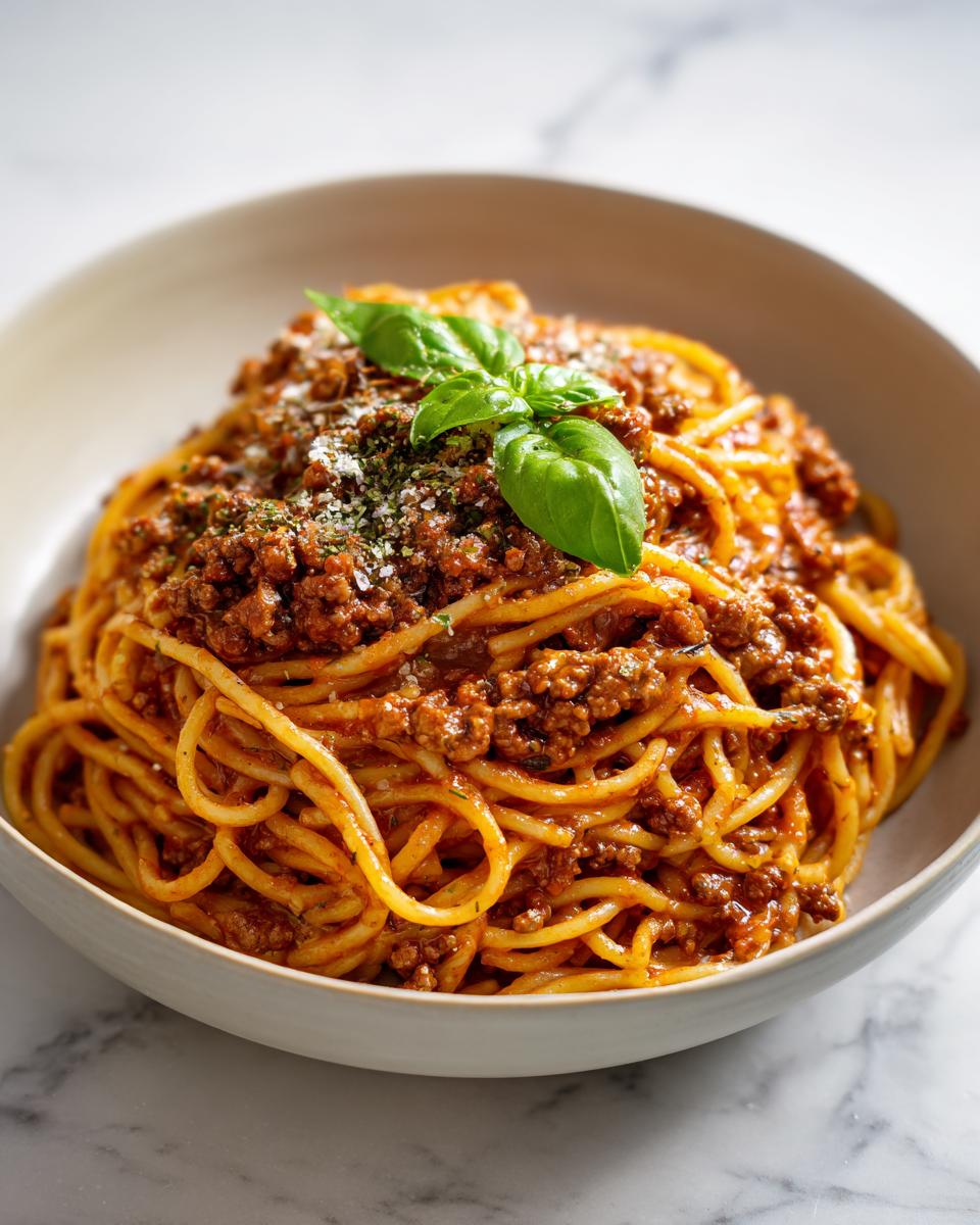 Bowl of one pot creamy tomato beef pasta topped with fresh basil and grated cheese