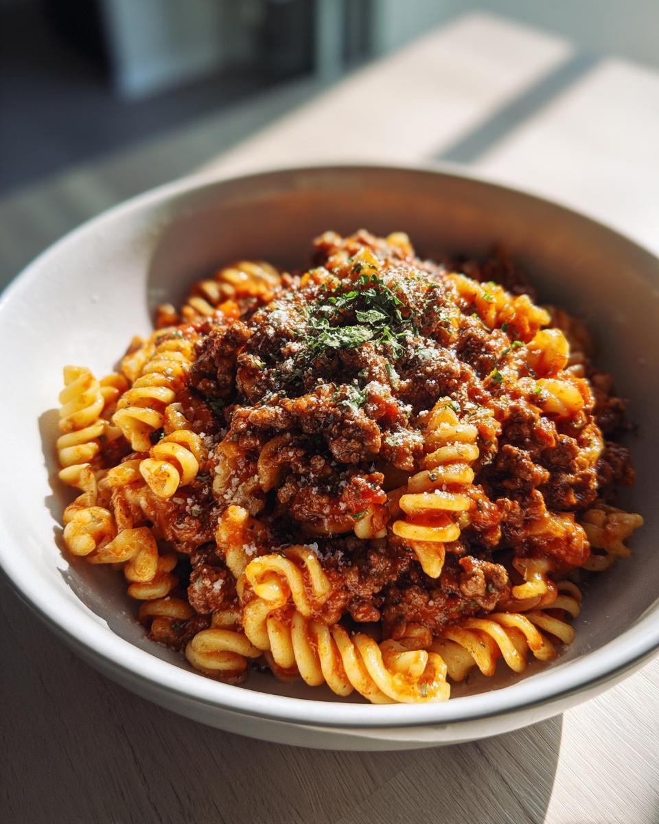A bowl of one pot creamy tomato beef pasta topped with parsley and grated cheese.