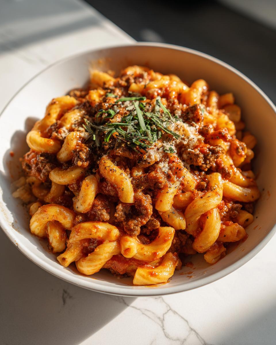 Bowl of one pot creamy tomato beef pasta garnished with herbs and parmesan cheese.