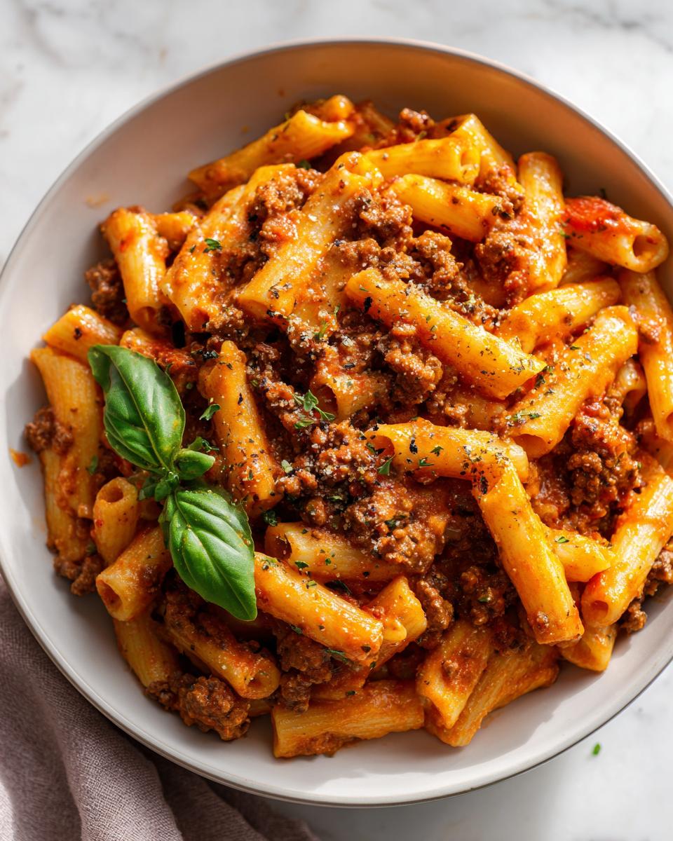 Close-up of one pot creamy tomato beef pasta with rigatoni, ground beef sauce, and basil garnish