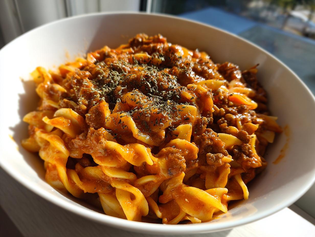 Close-up of one pot creamy tomato beef pasta garnished with herbs in a white bowl.