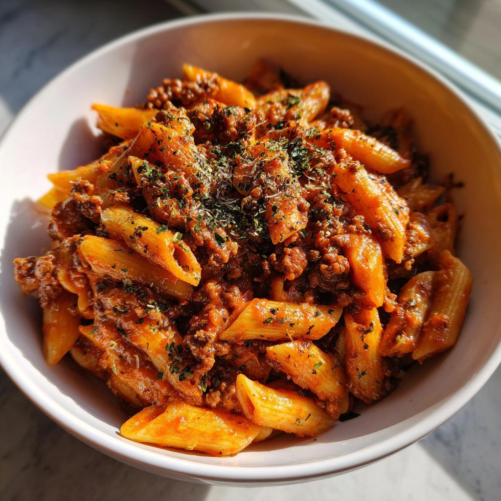 Bowl of one pot creamy tomato beef pasta with penne, beef, tomato sauce, and herbs.