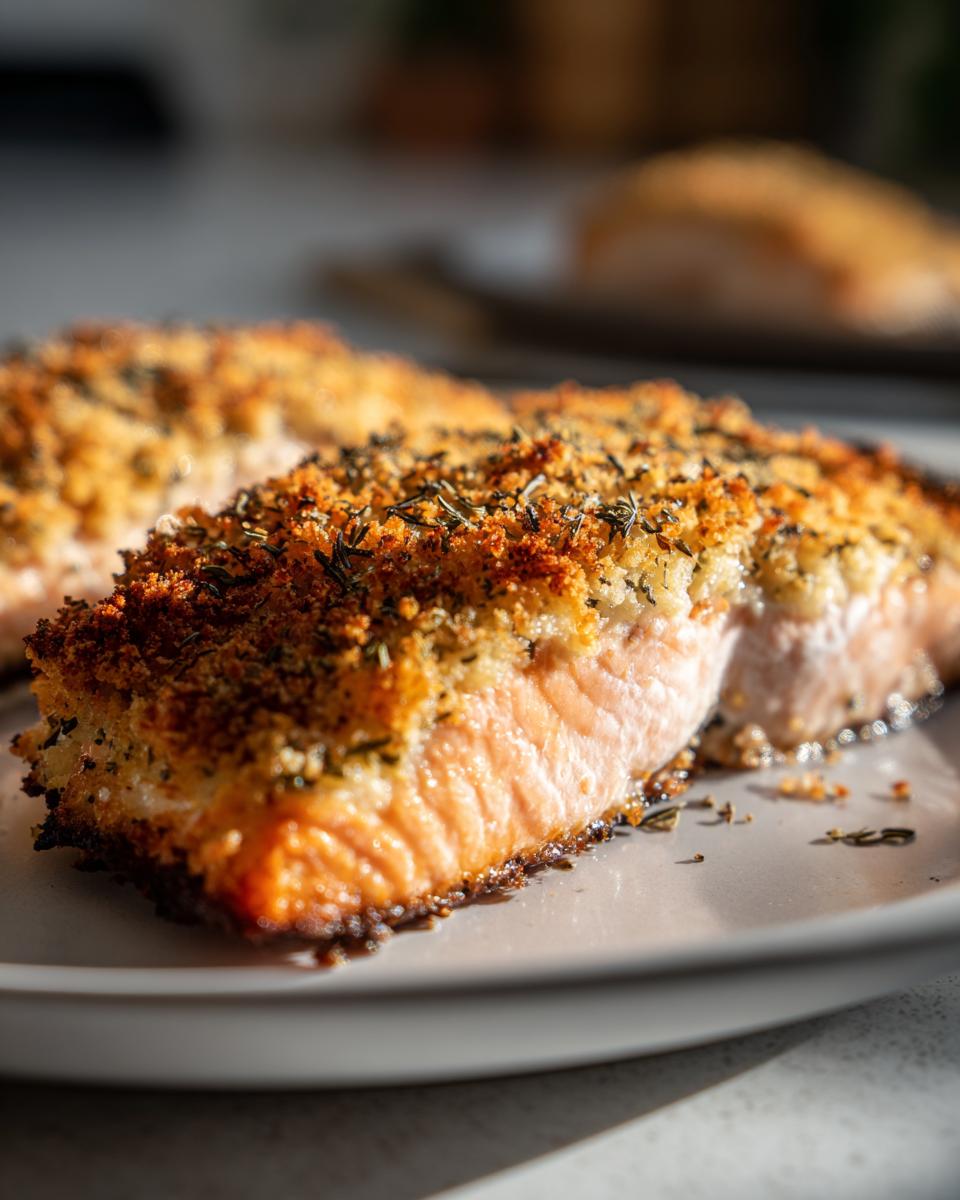 Two pieces of parmesan crusted salmon with crispy golden topping on a white plate.