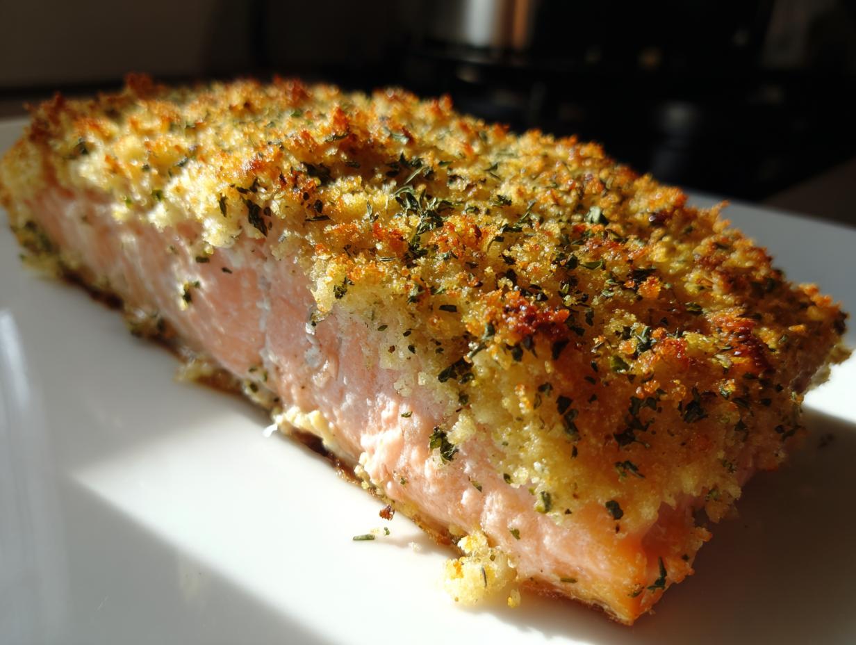 Close-up image of a golden, crispy parmesan crusted salmon fillet on a white plate.