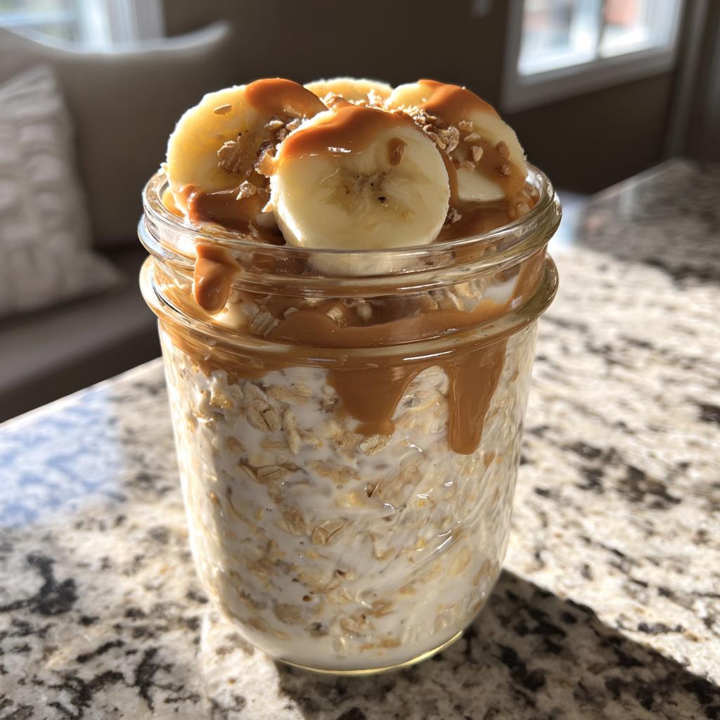 Jar of peanut butter banana overnight oats topped with banana slices and drizzle