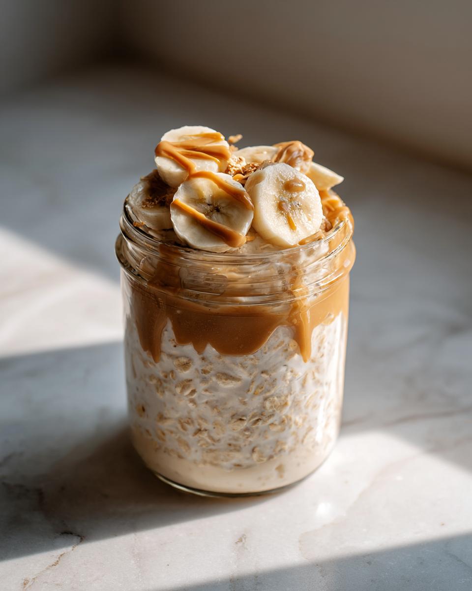Jar of peanut butter banana overnight oats topped with banana slices and peanut butter drizzle