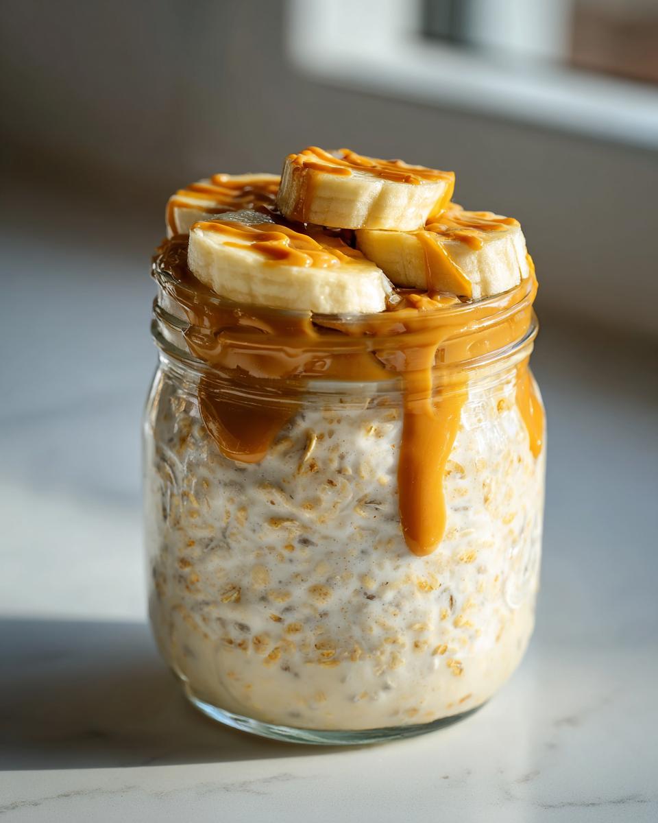 Jar of peanut butter banana overnight oats topped with banana slices and drizzled peanut butter
