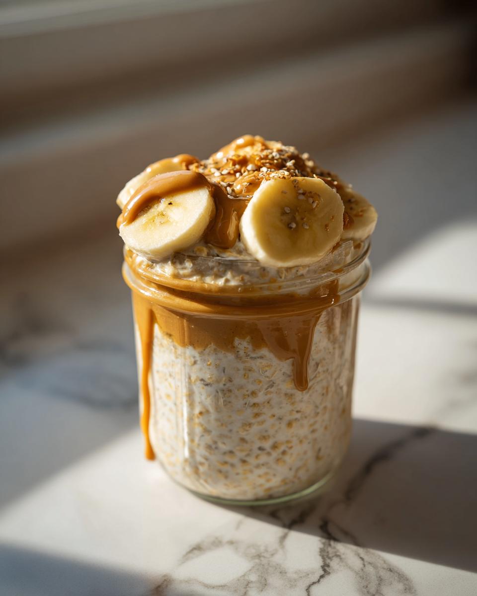 Glass jar filled with peanut butter banana overnight oats topped with sliced bananas and peanut butter drizzle.