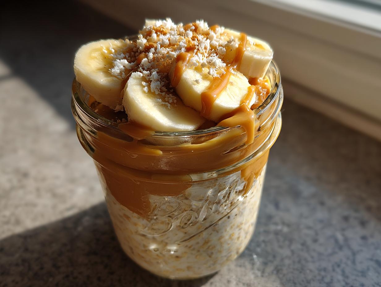 Glass jar of peanut butter banana overnight oats topped with banana slices and drizzled peanut butter.