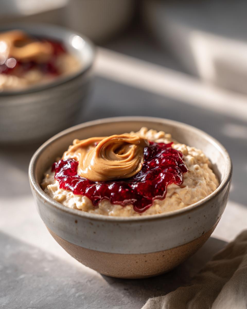 Bowl of peanut butter jelly oats topped with peanut butter swirl and berry jelly