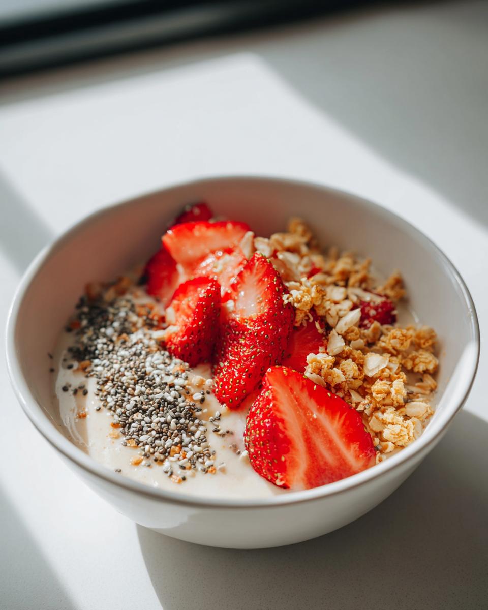 Peanut butter smoothie bowl topped with fresh strawberries, chia seeds, and granola in a white bowl.