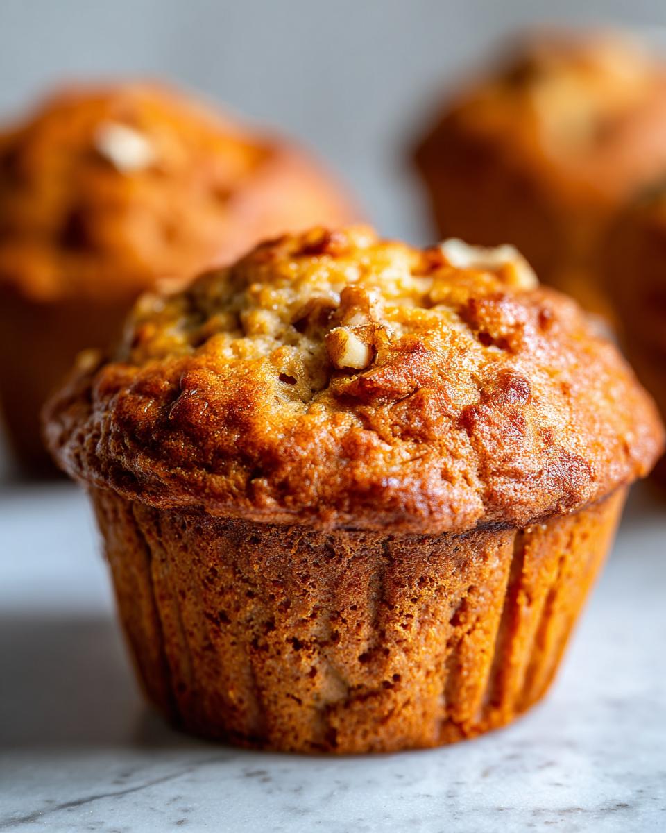 Close-up of a golden brown banana nut muffin with nut pieces on top.