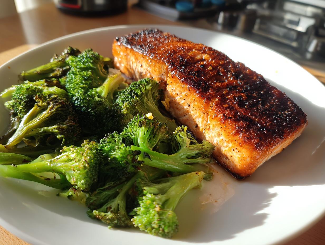 Grilled salmon with crispy skin served with steamed broccoli on a white plate.