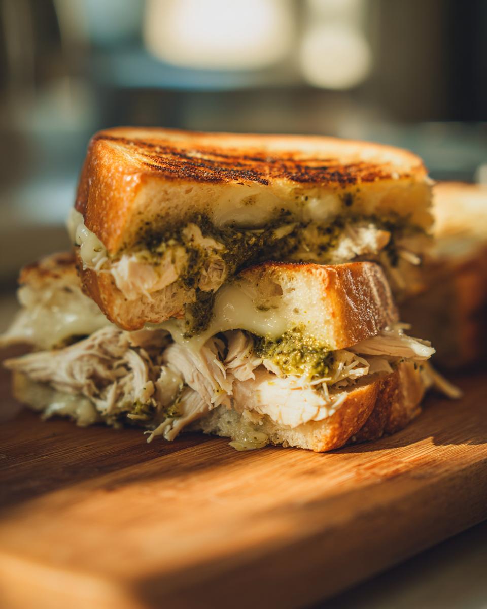 Grilled pesto chicken mozzarella panini sandwich with melted cheese and pesto sauce on wooden board