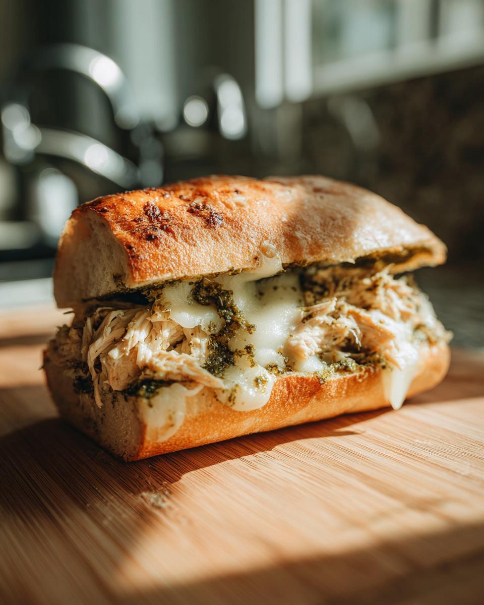 Pesto chicken mozzarella panini sandwich with melted cheese and pesto sauce on crusty bread.