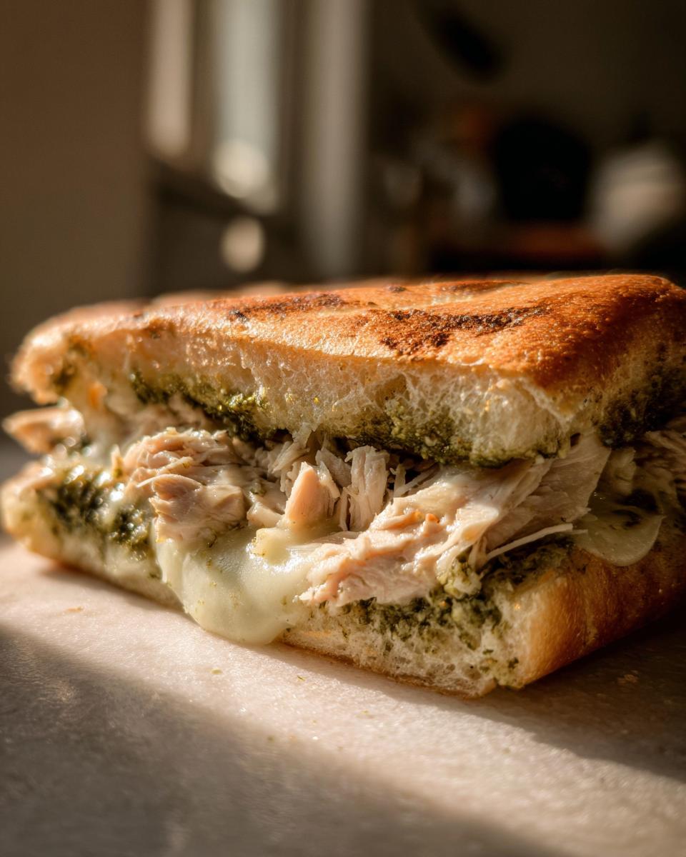 Pesto chicken mozzarella panini sandwich with melted cheese and shredded chicken on toasted bread