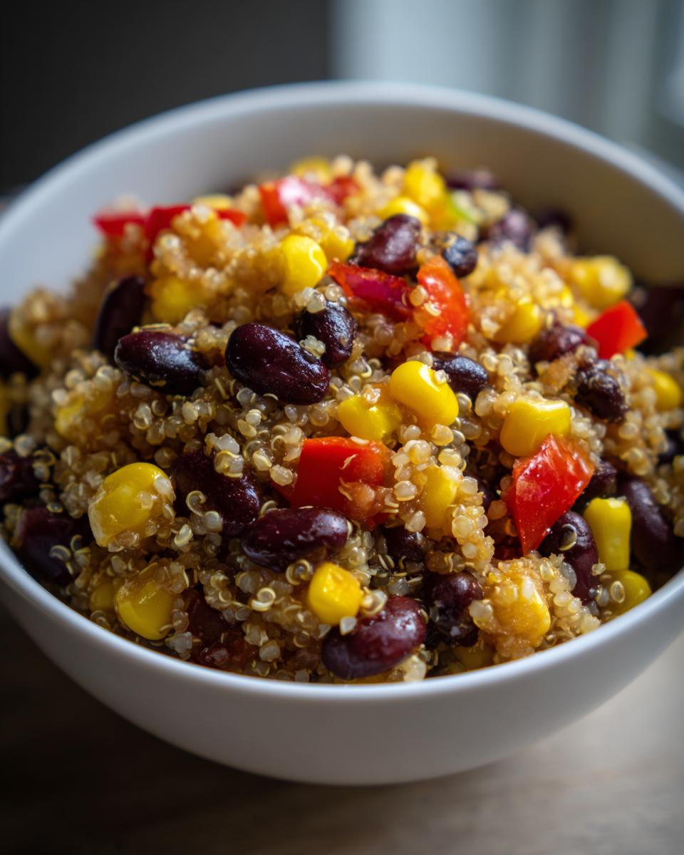 Bowl filled with quinoa black bean corn salad bowl including black beans, corn, and red bell peppers.