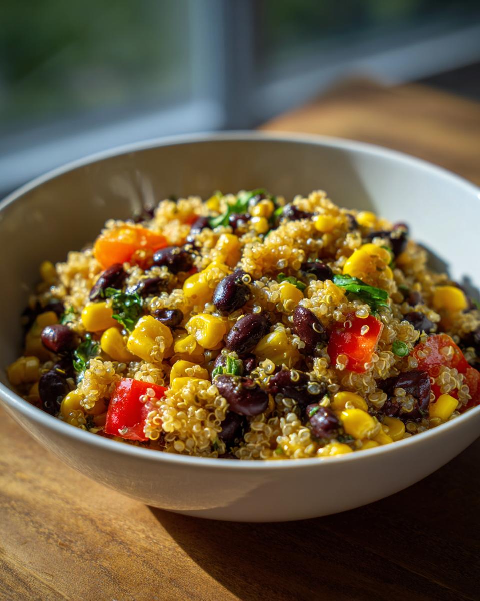Quinoa black bean corn salad bowl with red bell peppers and greens in a white bowl