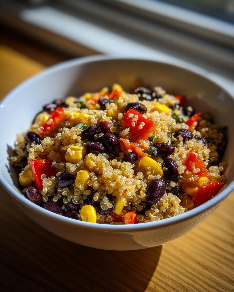 Close-up of quinoa black bean corn salad bowl with diced red peppers and herbs in white bowl