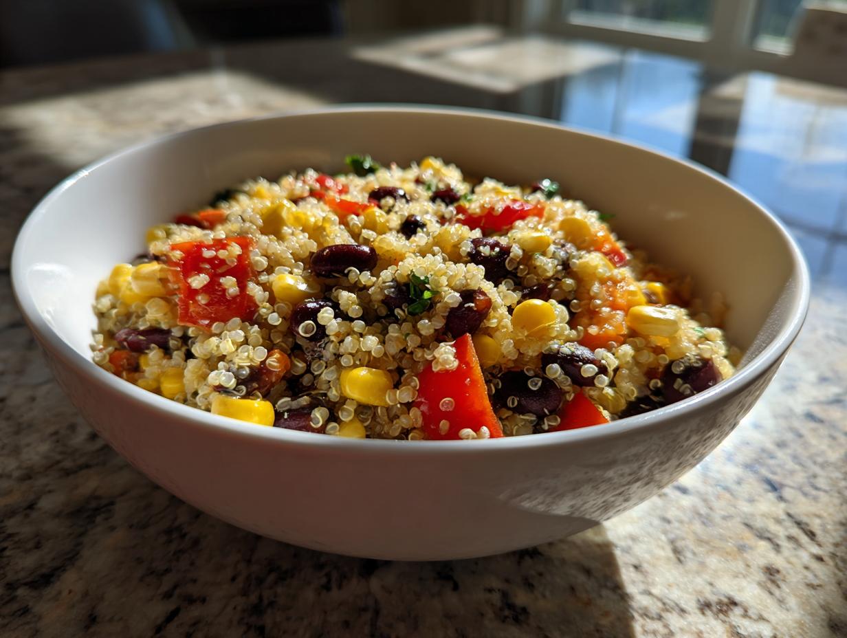 Close-up of a quinoa black bean corn salad bowl with red peppers and herbs in white bowl.