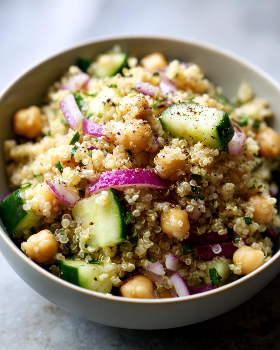 Bowl of quinoa chickpea cucumber salad with red onions and black pepper