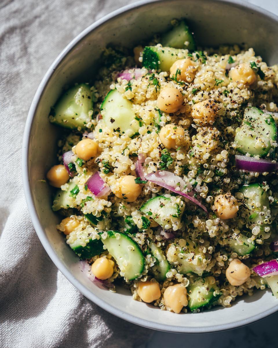 Bowl of quinoa chickpea cucumber salad with red onion and herbs, seasoned with black pepper