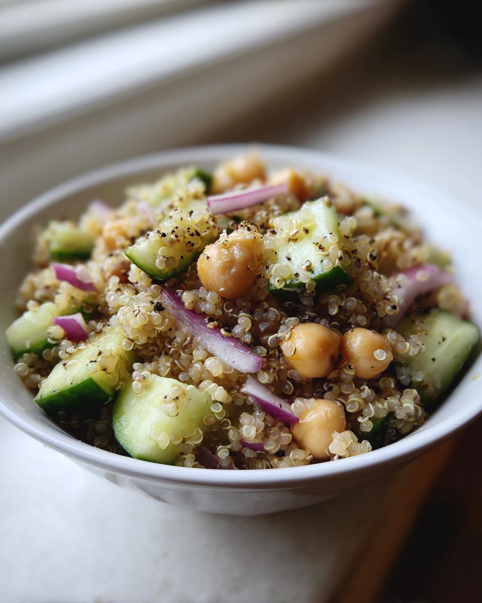 Bowl of quinoa chickpea cucumber salad with red onion and black pepper on top