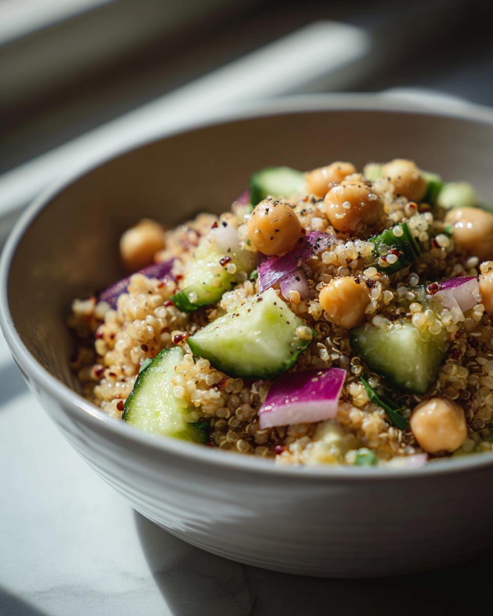Close-up of quinoa chickpea cucumber salad with red onions in a bowl.