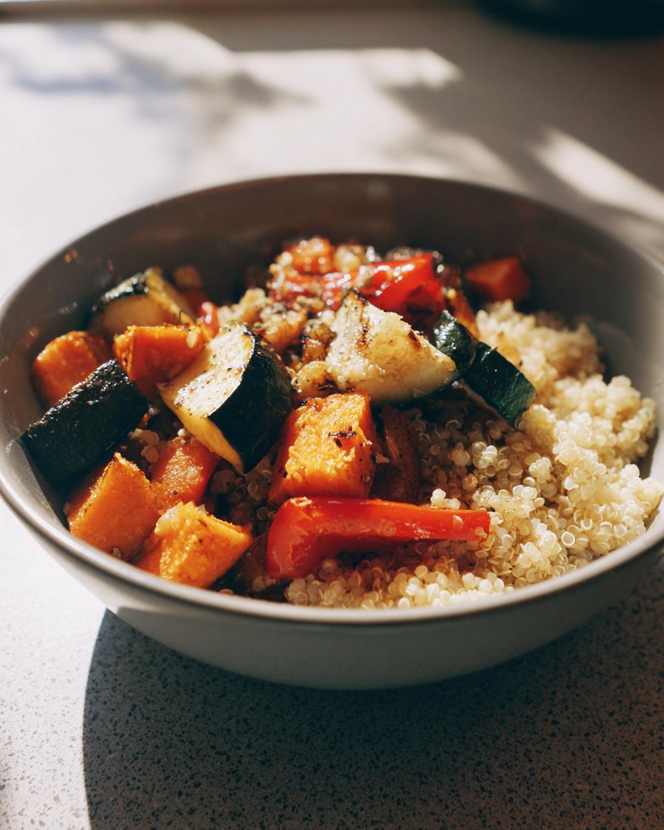 Bowl of quinoa topped with roasted zucchini, sweet potatoes, and red peppers in natural light