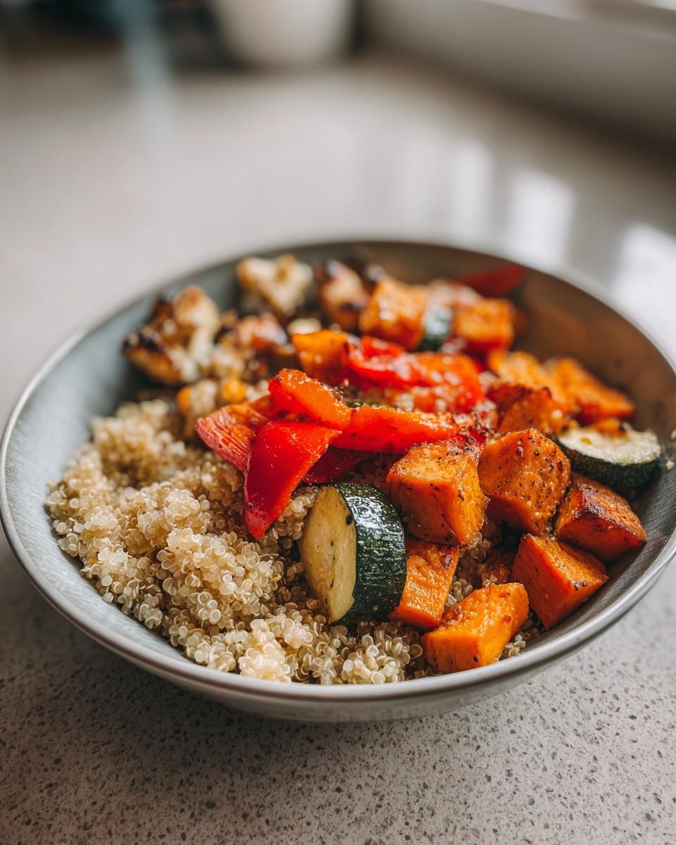 Bowl of quinoa with roasted vegetables including zucchini, sweet potato, and red peppers.