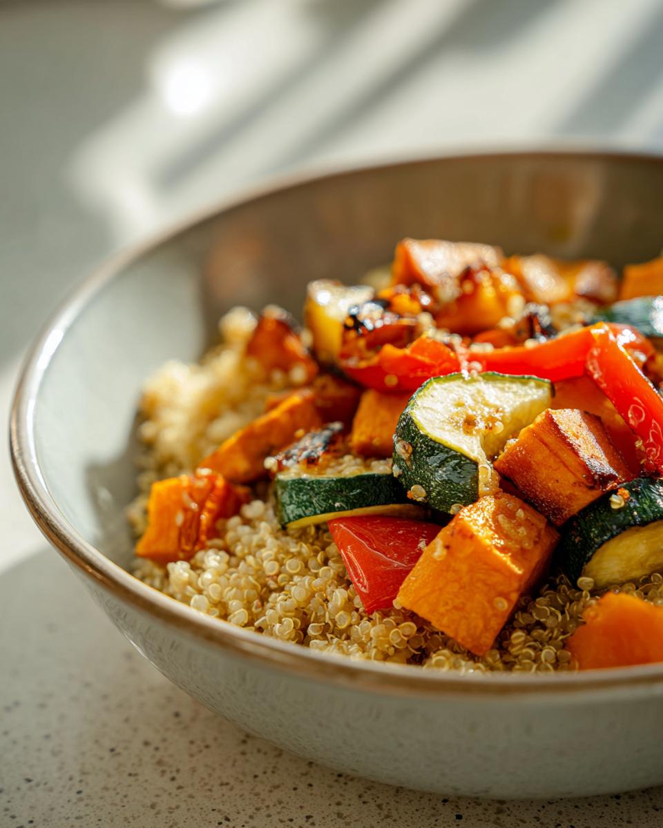 Close-up of quinoa and roasted vegetable power bowl with zucchini, sweet potato, and red bell pepper.